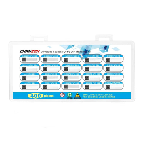 General Purpose Transistor Kit With 400 Pieces In TO92 And MOSFETs Includes 2N7000 2N2222A 2N3904 labeled box display