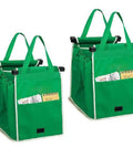 Two Pack Reusable Shopping Cart Trolley Bags Clip On Collapsible Grocery Tote Bags With Handles For Easy Grab And Go Transport Waterproof Non Woven Fabric Washable Durable And Eco Friendly As Seen On TV in green with pockets, attached clips, and handles