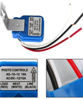 2 Pack 12V AC DC Auto On Off Photocell Light Switches Dusk To Dawn Sensor with wires and label details