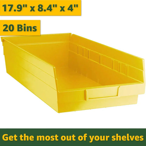 Kickass Industrial Grade Commercial Wire Shelving Rack With 20 Durable Polypropylene Bins And Smart Label Holders For Garage Workshop Organization Yellow 17.9x8.4x4 inch yellow polypropylene bin.