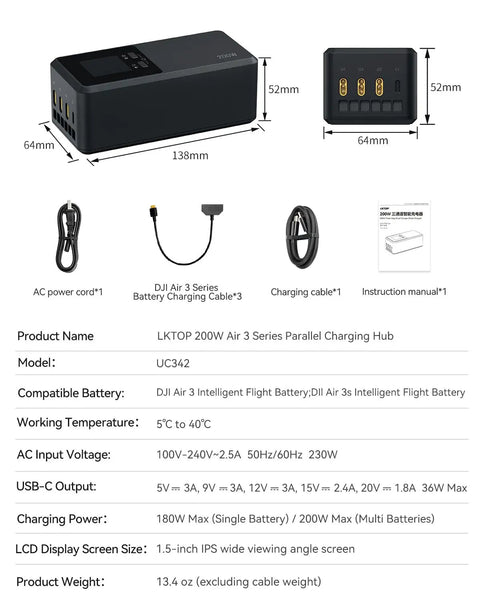 Dimensions and features of 200W Parallel Drone Battery Charger Hub for DJI Air 3 and Air 3S on white background