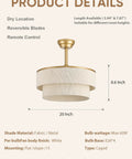 Boho Fandelier Ceiling Fan with Light, Gold Chandelier Fan and Remote, 20-inch white fabric shade with gold metal fittings.