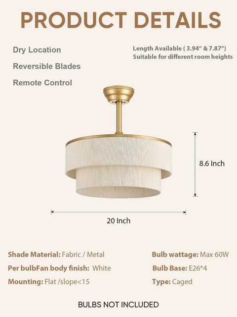 Boho Fandelier Ceiling Fan with Light, Gold Chandelier Fan and Remote, 20-inch white fabric shade with gold metal fittings.