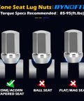 24 Piece Lug Nut Set 14x1.5 For Chevy Ford Ram GMC Fits Silverado Tahoe F150 Wrangler Gladiator Durango Colorado Suburban And More One Piece Chrome Wheel Nuts With Seven Eighths Hex And 60 Degree Conical Seat showing correct cone seat and incorrect ball, flat seats.