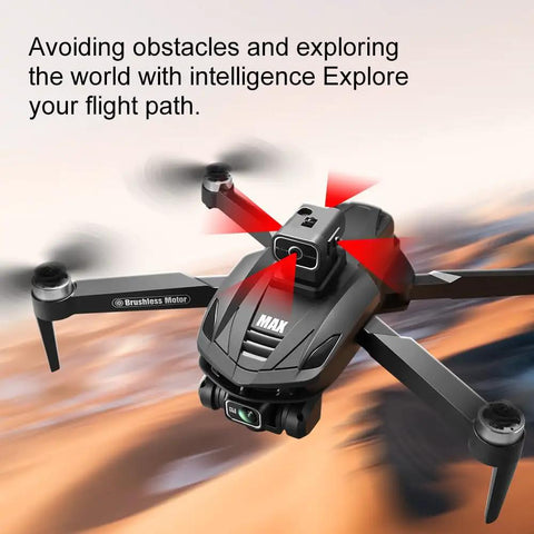 Foldable black FPV Drone With 1080P HD Camera And Obstacle Avoidance, Brushless Motors, close-up with red alert lights and text background
