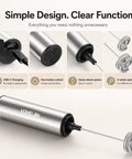 Rechargeable Milk Frother On The Go 2 Speed Portable Travel Frother Electric Milk Foamer For Latte Cappuccino Hot Chocolate USB Cable Included Double Mini Whisks, showing design features and accessories.