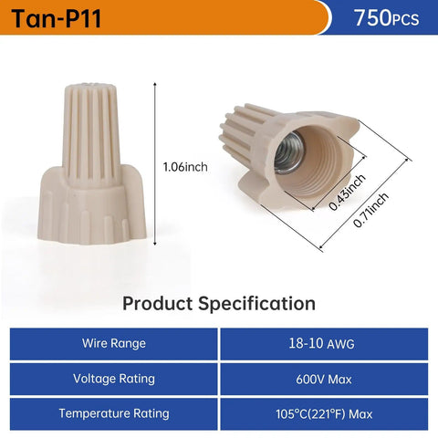 Tan Wire Nut Connectors Kit With Twist Caps And Winged Springs For DIY Friendly Electrical Wire Connections P11 Type, size details