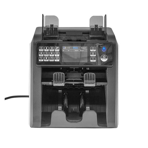 High Speed Automatic Cash Counter With Instant Denomination Detection For Banks And Local Shops front view with control panel and bill feeders.