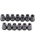 15-Piece ER11 Collet Set for CNC Milling and Lathe Tools, precision-ground and heat-treated for tight tolerances, black metal finish.