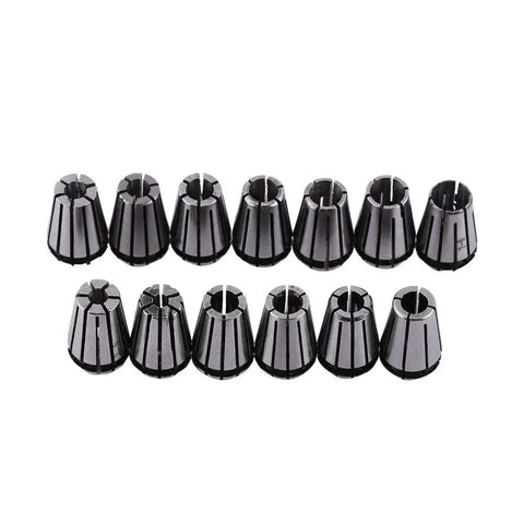 15-Piece ER11 Collet Set for CNC Milling and Lathe Tools, precision-ground and heat-treated for tight tolerances, black metal finish.