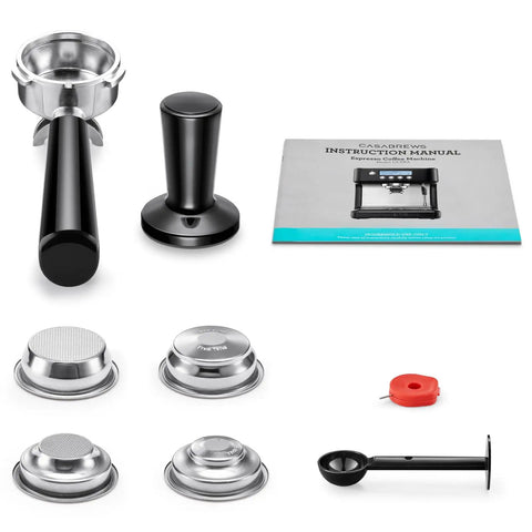 Top Shelf Espresso Machine Featuring A Bright Lcd Screen And Heavy Duty Steam Wand For Pulling Silky Shot Perfection And Rich Houseblend Favorites Whenever You Wanna Sip. Accessories including portafilter, tamper, filter baskets, and scoop.