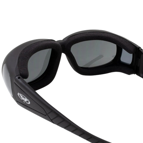 Over Glasses Motorcycle Safety Sunglasses 2 Pack Smoke And Clear Lenses side view of shatterproof polycarbonate frame with foam padding