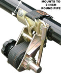 Close-up of Two Pack Ladder Rack Tie Downs With Round Mounting Brackets Bolt Kit Included 2 Inch Diameter Round Mounts Eight Foot Black Straps