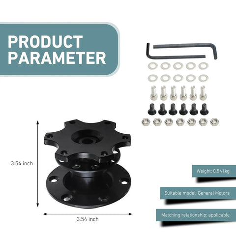 Universal Steering Wheel Quick Release Adapter With Six Hole Racing Hub Mounting Kit parts, 3.54 inch size, rust-proof alloy, black finish.