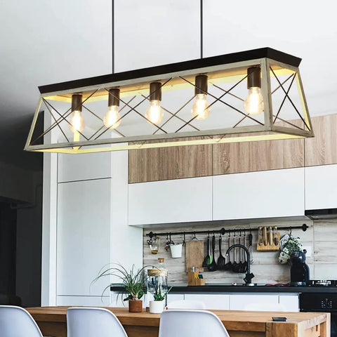 Five Light Industrial Kitchen Island Pendant Light Fixture With Oak White Frame Farmhouse Metal Chandelier Ceiling Hanging
