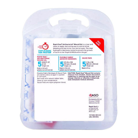 Rapid-Seal 15-piece hemostatic first aid kit in a clear plastic case; includes gauze pads and wound gel.