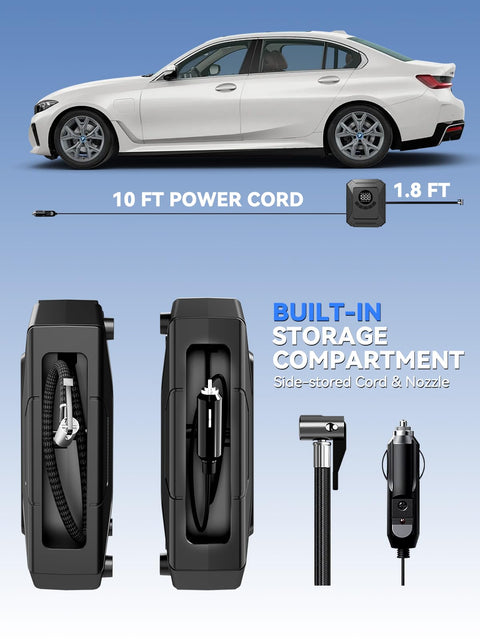 Portable Tire Inflator Air Compressor With 150 PSI Fast Inflation No Battery Needed 12V DC Car Adapter Auto Shut Off LED