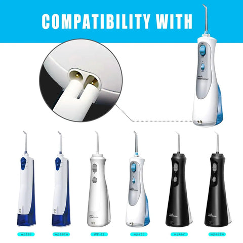 Compatibility display for Waterpik Charger Replacement Cord For WP360 WP360W WP462 WP462W WP450 WP450W WP465 WP440 WF 13CD010 WF13 WP100 Two Prong 100 240V Input 3V 100mA Output White 5 Ft AC Adapter Power Cord