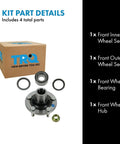 Front Passenger Side Wheel Bearing And Hub Kit For Subaru Baja 2003 To 2006, Forester 1999 To 2008, Impreza 1993 To 2007, Legacy 1990 To 2004, And Outback 2000 To 2004 Includes Front Inner Seal Front Outer Seal Front Hub And Wheel Bearing with kit parts and box.