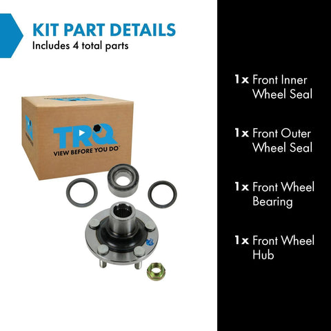 Front Passenger Side Wheel Bearing And Hub Kit For Subaru Baja 2003 To 2006, Forester 1999 To 2008, Impreza 1993 To 2007, Legacy 1990 To 2004, And Outback 2000 To 2004 Includes Front Inner Seal Front Outer Seal Front Hub And Wheel Bearing with kit parts and box.