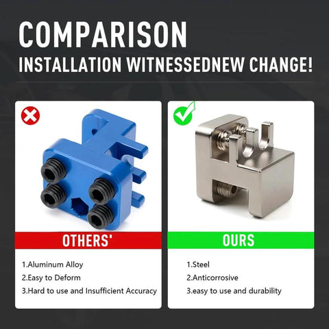 Comparison of master link press tools; left shows blue aluminum, right shows silver steel with durability focus.