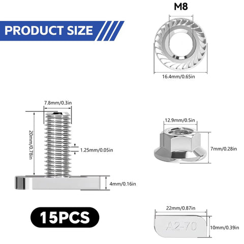 Product size details for Heavy Workhorse 304 Stainless Steel Hammer Head T Bolts M8x20 With Flange Nuts Pack Of 15.