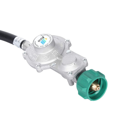 GasSaf 5ft two-stage propane regulator with hose; angled front view showing silver regulator body and green connector.