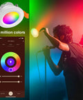 Smart 2 Inch LED Recessed Downlights With WiFi RGB Color Changing And Dimmable CCT 2700K To 6500K 5W 120V Ceiling Lights Works With Alexa And Google Home Easy App Setup And Voice Control 10 Pack shown with color wheel and singer.