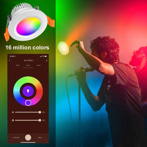 Smart 2 Inch LED Recessed Downlights With WiFi RGB Color Changing And Dimmable CCT 2700K To 6500K 5W 120V Ceiling Lights Works With Alexa And Google Home Easy App Setup And Voice Control 10 Pack shown with color wheel and singer.