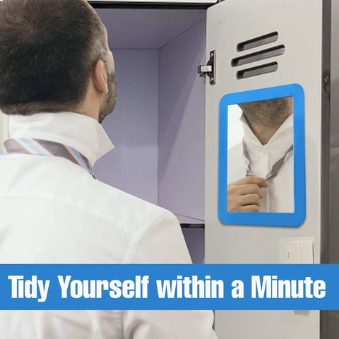 Magnetic Real Glass Mirror 5x7 Inch White Framed Locker Accessory showing man adjusting tie in locker mirror