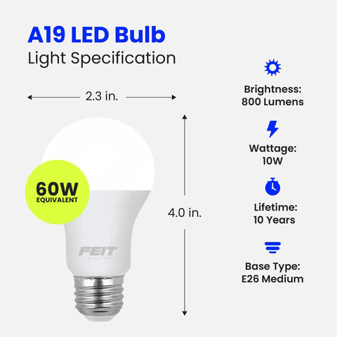 A19 LED Light Bulbs 60W Equivalent Non Dimmable 800 Lumens E26 Standard Base 2700K Soft White 80 CRI 10 Year Lifetime Energy Efficient 10 Pack