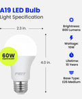 A19 LED Light Bulbs 60W Equivalent Non Dimmable, 800 Lumens, E26 Base, Daylight 5000K, 80 CRI, Long Lasting, Energy Saving specs