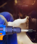 Spot weld cutter bit, 3/8-in HSS, installed in a blue cordless drill for removing sheet-metal spot welds.
