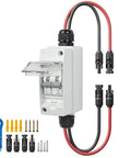 Outdoor Solar Panel Disconnect Switch 1000V 10A IP65 Rated PV Disconnect for Homes and Battery Systems with installation accessories.