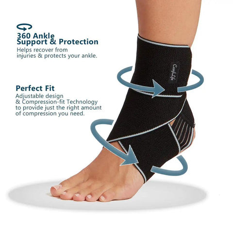 Ankle Brace For Men And Women Adjustable Compression Wrap For Plantar Fasciitis Tendinitis shown on foot with Velcro closure