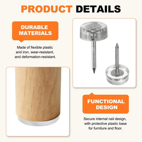 No Sweat 24 Pack Transparent Furniture Sliders With NailOn Pins For Gliding Pads On Hardwood Floors, showing durable plastic and iron design.