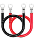 Top Shelf 2 Gauge Car Battery Cable 2 Pack Flexible Wiring Harness With Tight 3/8 Inch Ring Terminal For Rv Motorcycle And Auto Power Inverter Gear, black and red cables with ring terminals.