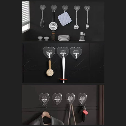 Heavy Duty Adhesive Wall Hooks With Slick Grip keep kitchen tools organized, clear transparent look, no drilling hassle.