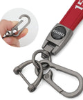 Close-up of Red Leather Key Chain For Ram 1500 With 360 Degree Rotating Ring And Anti Lost D Ring Durable Car Key Fob Holder.