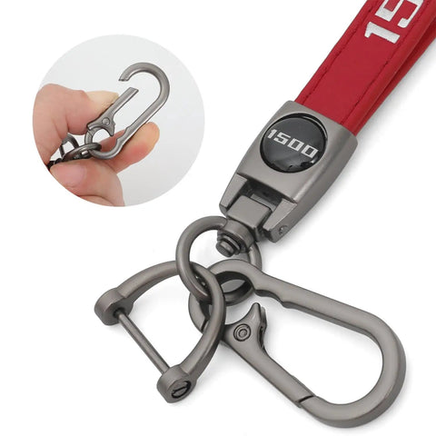 Close-up of Red Leather Key Chain For Ram 1500 With 360 Degree Rotating Ring And Anti Lost D Ring Durable Car Key Fob Holder.