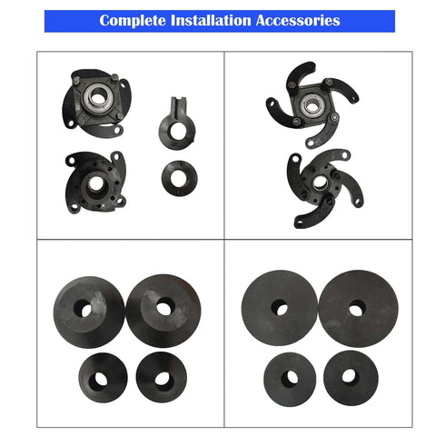 Line boring machine installation accessories set in dark metal: bearing housings, clamps, and washers