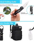 Tactical folding knife and water bottle clip from All In One 16 In 1 Waterproof Survival Kit For Camping Hiking Travel And Adventures.