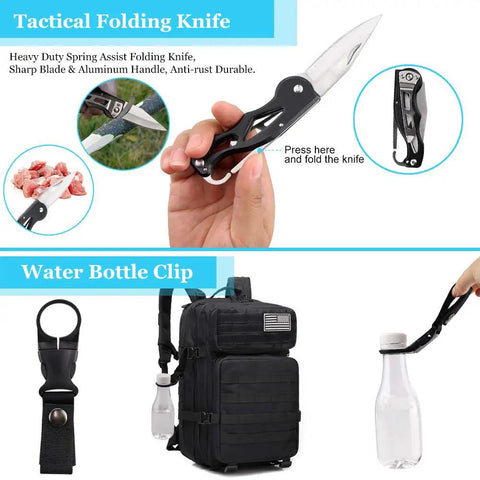 Tactical folding knife and water bottle clip from All In One 16 In 1 Waterproof Survival Kit For Camping Hiking Travel And Adventures.