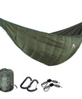 Ultralight Hammock Underquilt For Camping Full Length Warm Three To Four Seasons Hiking Backpacking Travel Water Resistant Soft Silk Fill Cozy Outdoor Gear Keeps You Toasty in green with accessories shown.