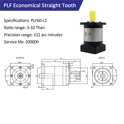 PLF60 60Mm High Precision Planetary Gearbox Reducer 50 To 1 Ratio with detailed dimensions and specifications.