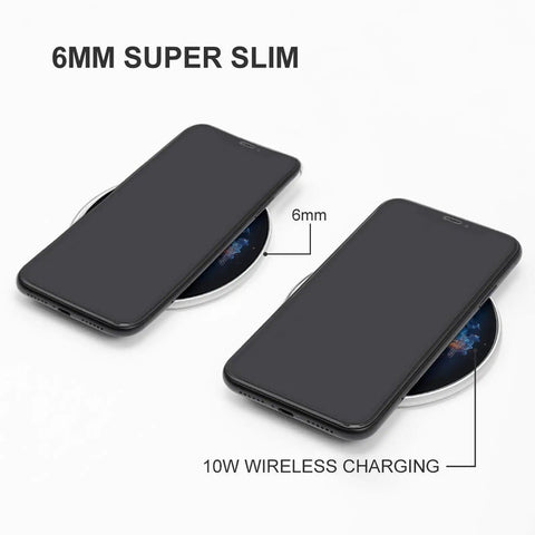 Slim 10W Wireless Charger Pad For Fast Charging shown with two phones on ultra-slim mat highlighting 6mm thickness and 10W output.