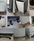Collage of appliances on Anti Skid Appliance Stand For Refrigerator And Dryer Adjustable Pedestal with stainless steel legs.