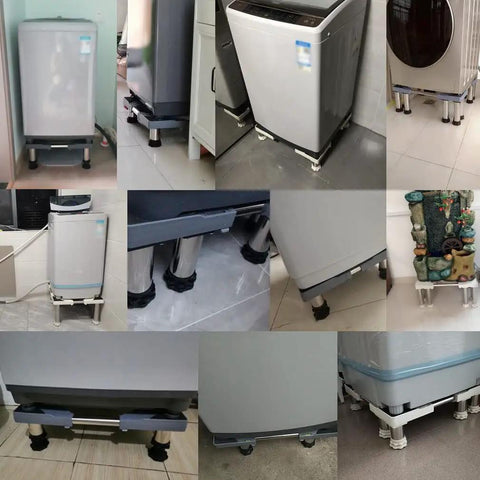 Collage of appliances on Anti Skid Appliance Stand For Refrigerator And Dryer Adjustable Pedestal with stainless steel legs.