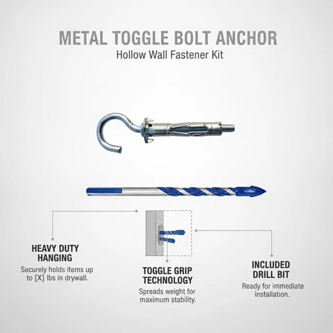 Hollow Wall Mounting Kit With Toggle Bolts And Drill Bit For Drywall And Ceilings, Heavy Duty Metal Anchor Set In Silver