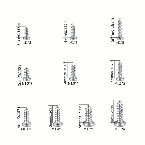 Hex Bolts And Miniature Self-Tapping Screws Set, 600/1200 Piece Kit with measurements for DIYers and precision machinery projects.
